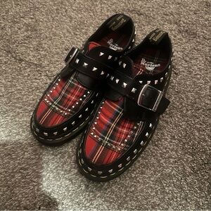 Dr. Martens Women's Black and Red Plaid Studded Oxfords